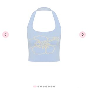 Kulani knit halter tank top – floral fizz Blue Halter Top with Floral Design